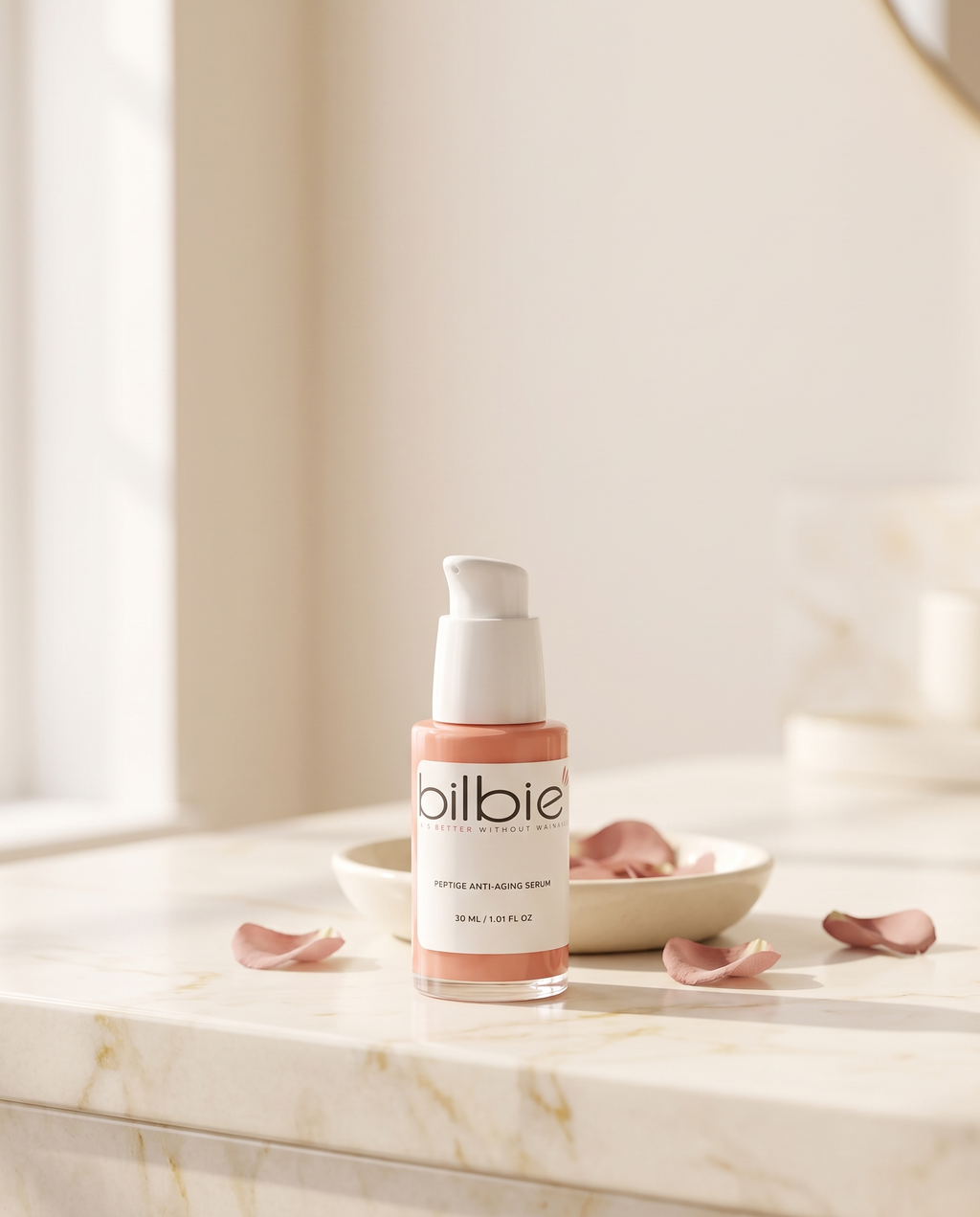 bilbie on a bathroom counter in morning light